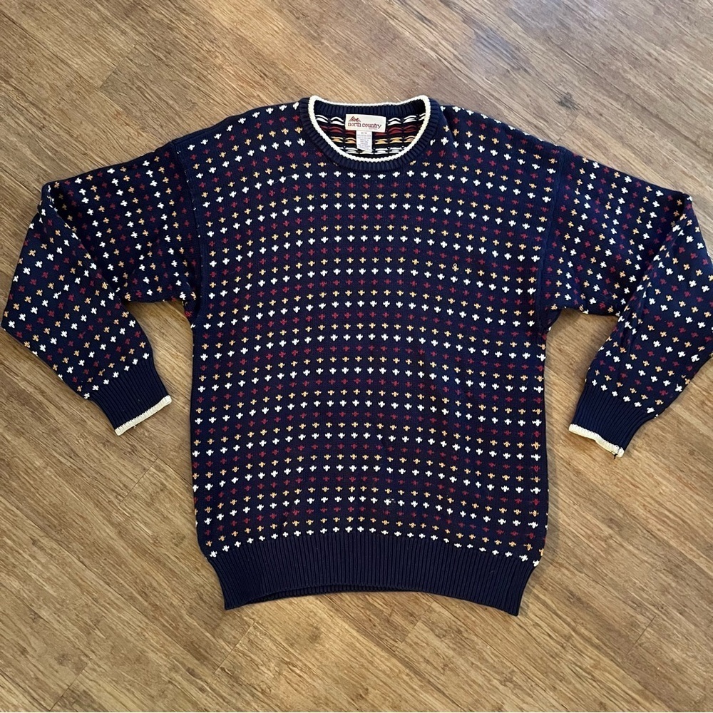 Vintage North Country Eaton 100% Cotton Navy Patterned Sweater, Sz M
